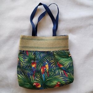 Handmade Tropical Leaf Parrot Print Burlap Fabric Shoulder Bag
